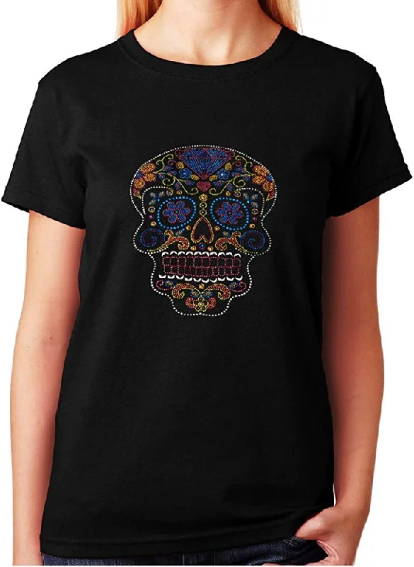 Women's / Unisex T-Shirt with Colorful Sugar Skull in Rhinestuds