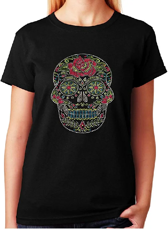 Women's / Unisex T-Shirt with Colorful Sugar Skull with Rose in Rhinestuds