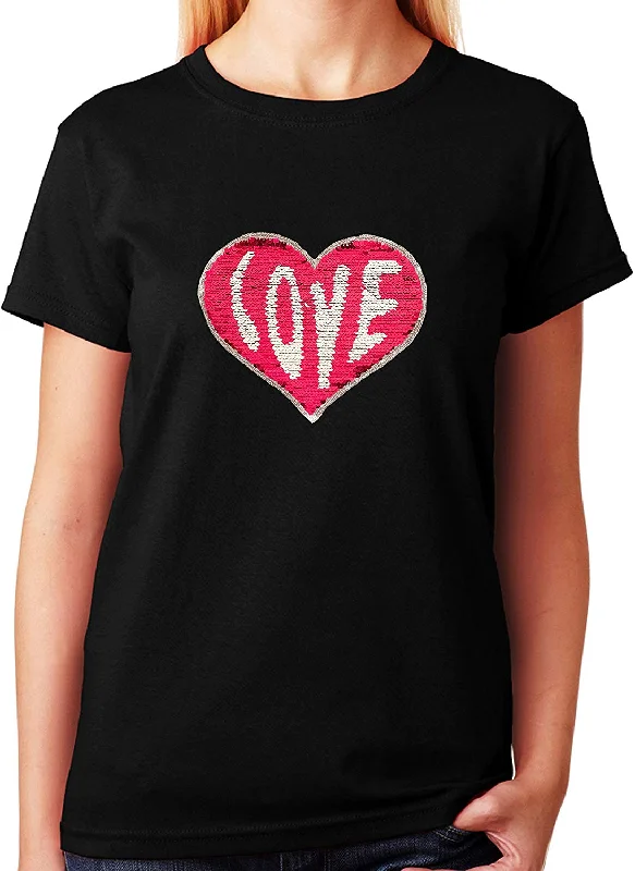 Women's / Unisex T-Shirt with Red Love Heart In 2 Sided Color Sequence