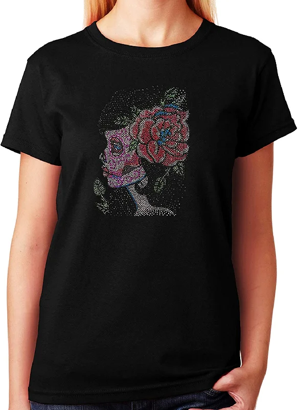 Women's / Unisex T-Shirt with Sugar Skull Girl With Flower In Rhinestuds