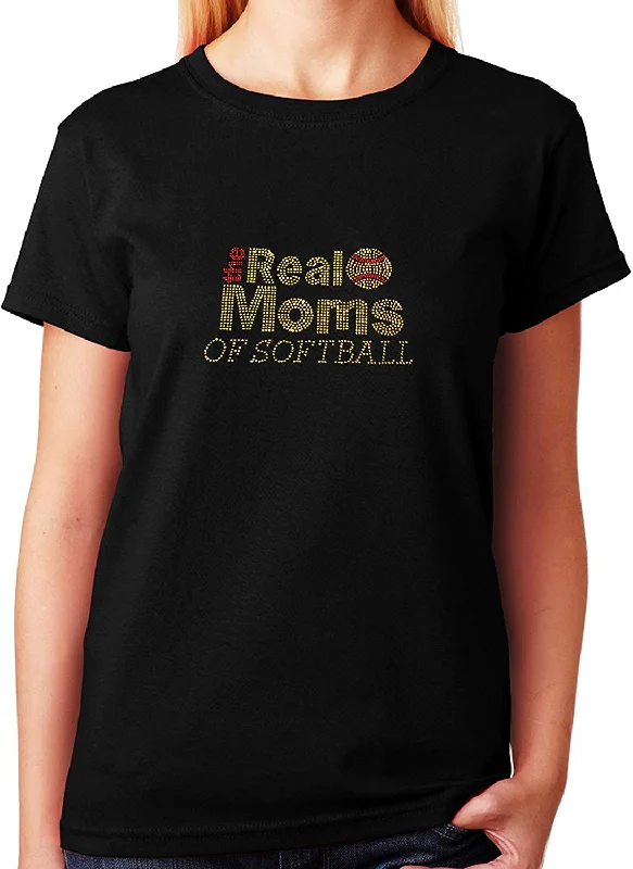 Women's / Unisex T-Shirt with The Real Moms of Softball in All Gold in Rhinestones