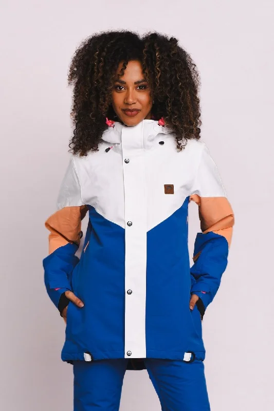 1080 Women's Ski & Snowboard Jacket - Pastel Peach, White & Blue Tiered Jacket Buttoned Jacket Zippered Jacket