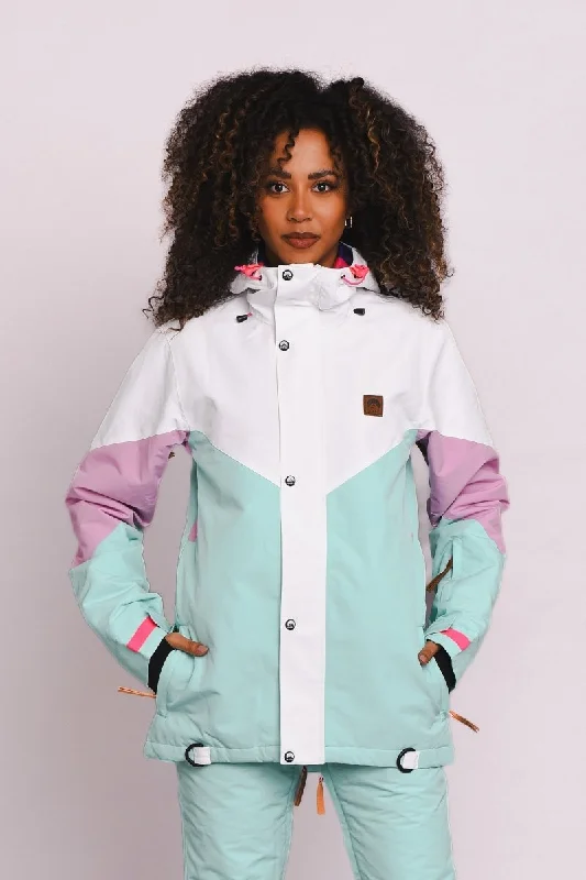 1080 Women's Ski & Snowboard Jacket - Pastel Pink, White & Pastel Mint Snapped Jacket Toggled Jacket Drawstring Jacket
