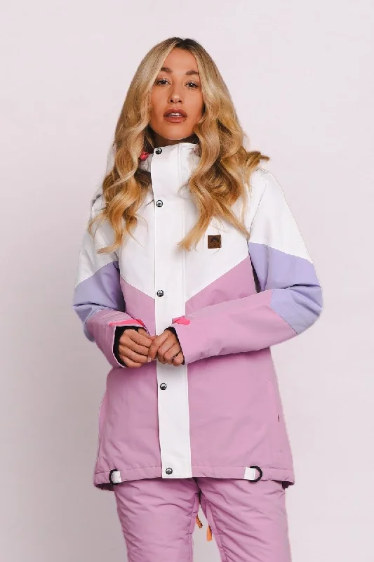 1080 Women's Ski & Snowboard Jacket - Pastel Pink, White & Pastel Purple Ribbed Jacket Pleated Jacket Ruffled Jacket
