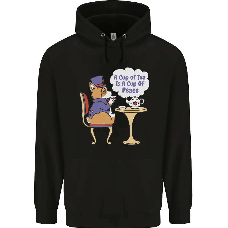 A Corgi Dog Drinking Tea Mens 80% Cotton Hoodie Hoodie with Turtle Neck Cozy Winter