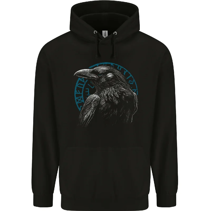 A Raven in Viking Symbols Text Valhalla Mens 80% Cotton Hoodie