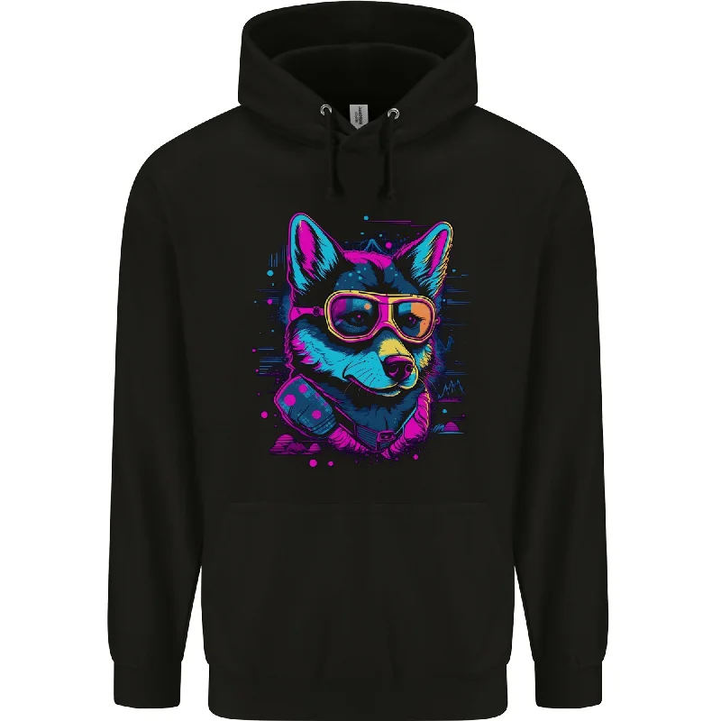 A Retrowave Husky Dog Mens 80% Cotton Hoodie