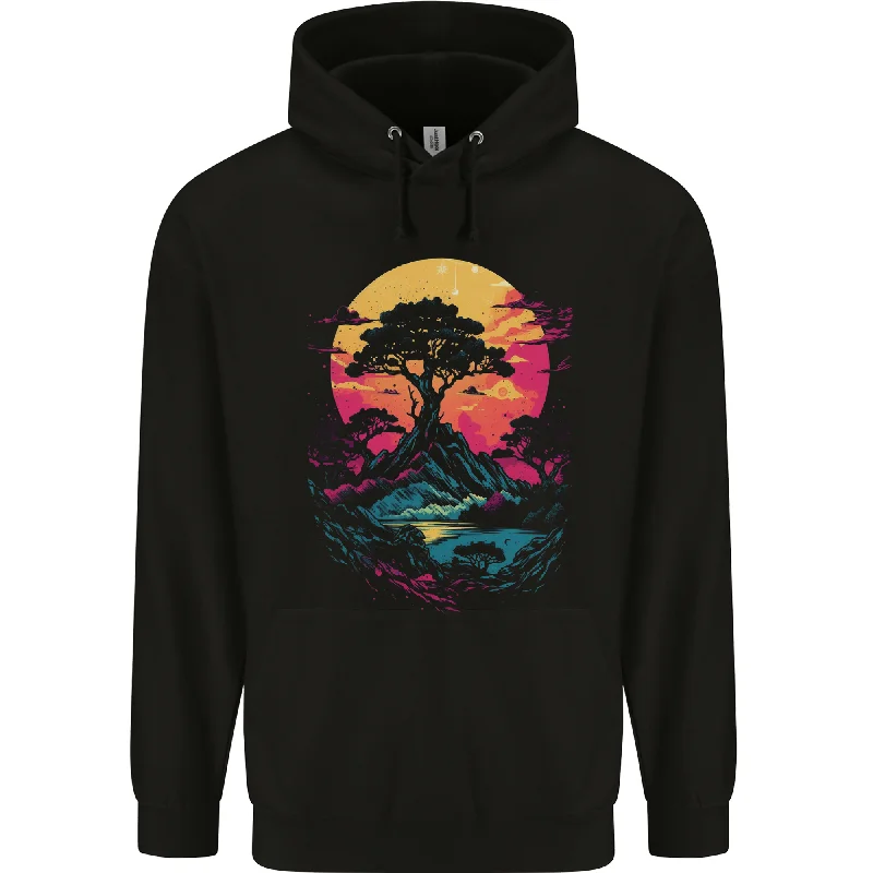 A Retrowave Landscape Outdoors Hiking Mens 80% Cotton Hoodie