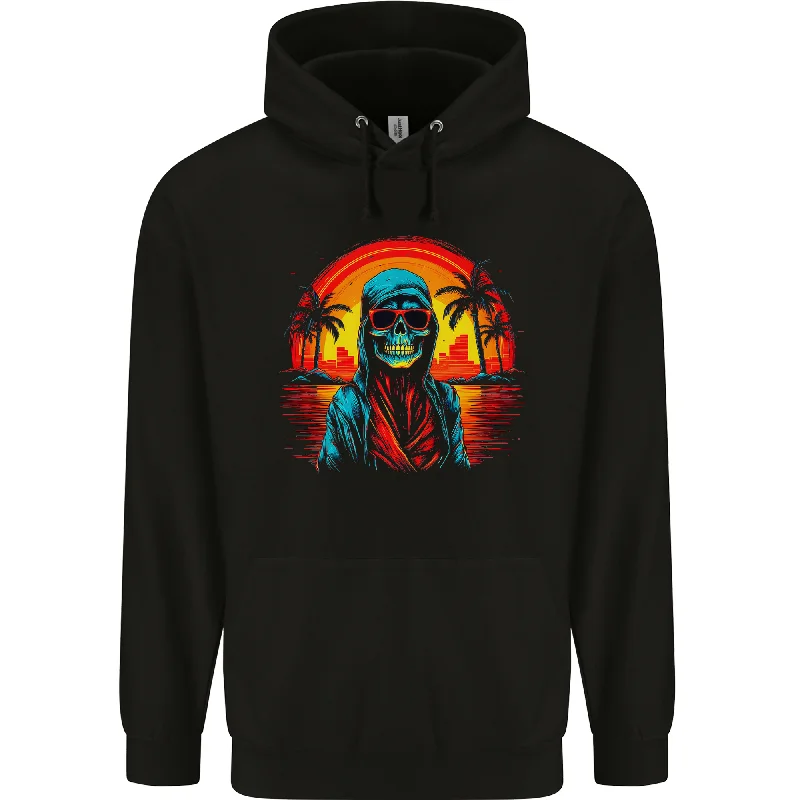 A Retrowave Skeleton Holiday Sunset Skull Mens 80% Cotton Hoodie