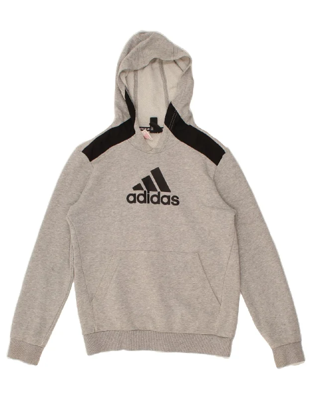 ADIDAS Boys Graphic Hoodie Jumper 13-14 Years Grey Colourblock Cotton