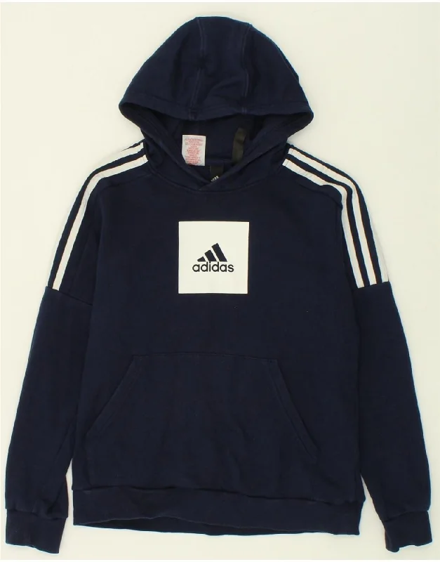 ADIDAS Boys Graphic Hoodie Jumper 13-14 Years Navy Blue Cotton