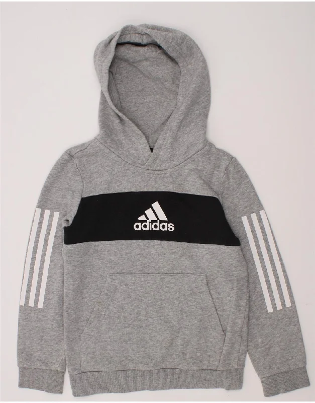 ADIDAS Boys Graphic Hoodie Jumper 7-8 Years Grey Colourblock Cotton