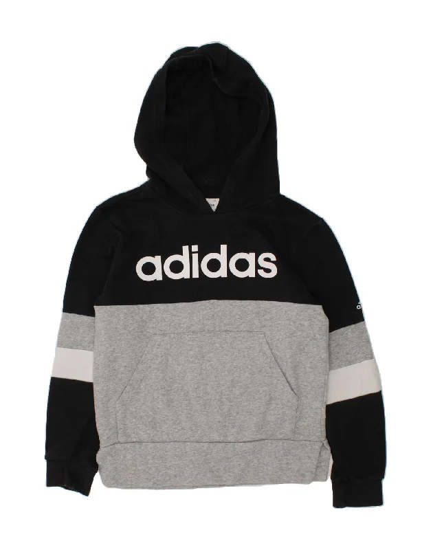 ADIDAS Boys Graphic Hoodie Jumper 9-10 Years Grey Colourblock Cotton