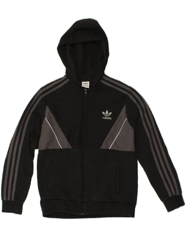 ADIDAS Boys Zip Hoodie Sweater 13-14 Years Black Colourblock Cotton