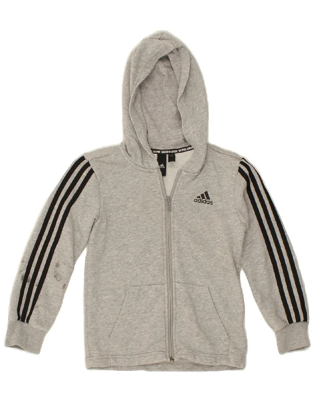 ADIDAS Boys Zip Hoodie Sweater 7-8 Years Grey Cotton