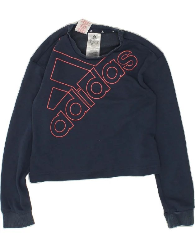 ADIDAS Girls Graphic Crop Sweatshirt Jumper 9-10 Years Navy Blue Cotton Hoodie with Slit Hem Functional Movement ADIDAS Girls Graphic Crop Sweatshirt Jumper 9-10 Years Navy Blue Cotton Hoodie with Slit Hem Functional Movement