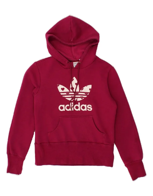 ADIDAS Womens Graphic Hoodie Jumper IT 44 Medium Pink Cotton Hoodie with Hem Frayed Vintage Worn