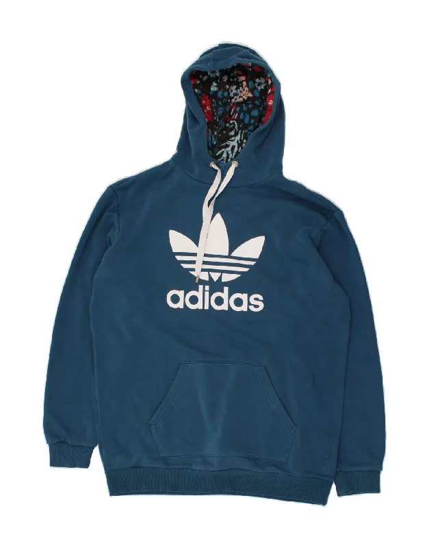 ADIDAS Womens Graphic Hoodie Jumper UK 16 Large Blue Cotton Hoodie with Zipper Versatile Modern
