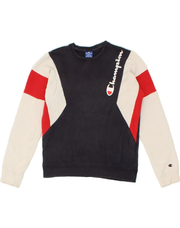 CHAMPION Mens Graphic Sweatshirt Jumper Small Navy Blue Colourblock Cotton Hoodie with Elastic Cuffs Stretchable Comfortable CHAMPION Mens Graphic Sweatshirt Jumper Small Navy Blue Colourblock Cotton Hoodie with Elastic Cuffs Stretchable Comfortable