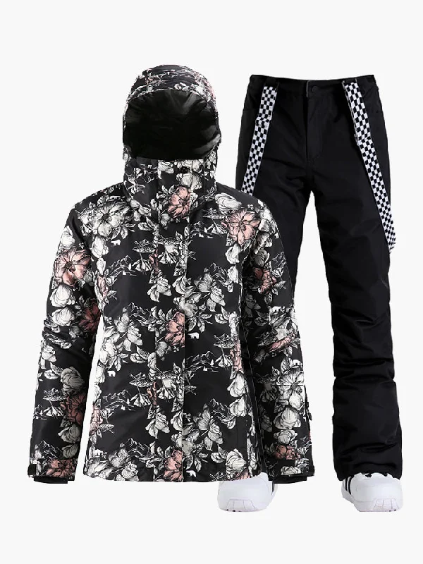 Floral Women Waterproof Snowboard Jacket Black Pants Sets Ski Suits Faux Fur Jacket Real Fur Jacket Shearling Jacket