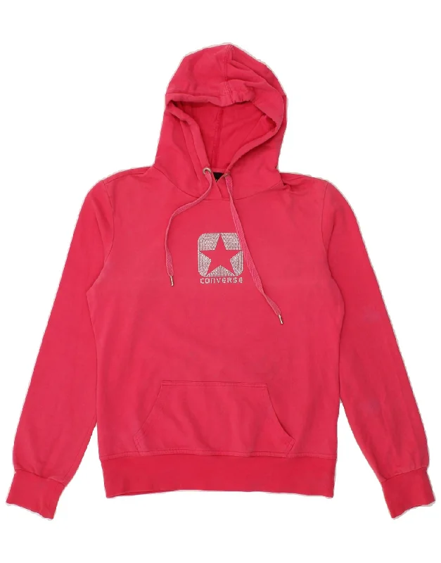 CONVERSE Womens Graphic Hoodie Jumper UK 14 Large Pink Cotton Hoodie with Hem Contrast Bold Stylish
