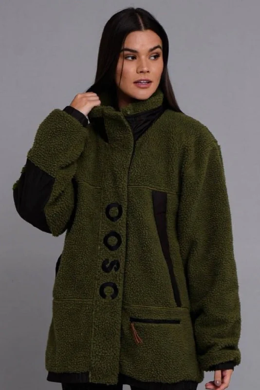 Sherpa Fleece Jacket - Khaki / Black - Women's Nylon Fabric Polyester Fabric Spandex Fabric