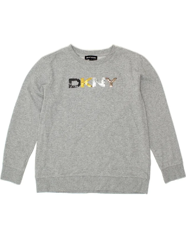 DKNY Womens Oversized Graphic Sweatshirt Jumper UK 10 Small Grey Cotton Hoodie with Hem Elastic Stretchable Comfortable DKNY Womens Oversized Graphic Sweatshirt Jumper UK 10 Small Grey Cotton Hoodie with Hem Elastic Stretchable Comfortable