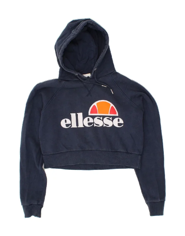 ELLESSE Womens Oversized Crop Graphic Hoodie Jumper UK 10 Small Navy Blue Hoodie with Mock Neck Collared Structured ELLESSE Womens Oversized Crop Graphic Hoodie Jumper UK 10 Small Navy Blue Hoodie with Mock Neck Collared Structured