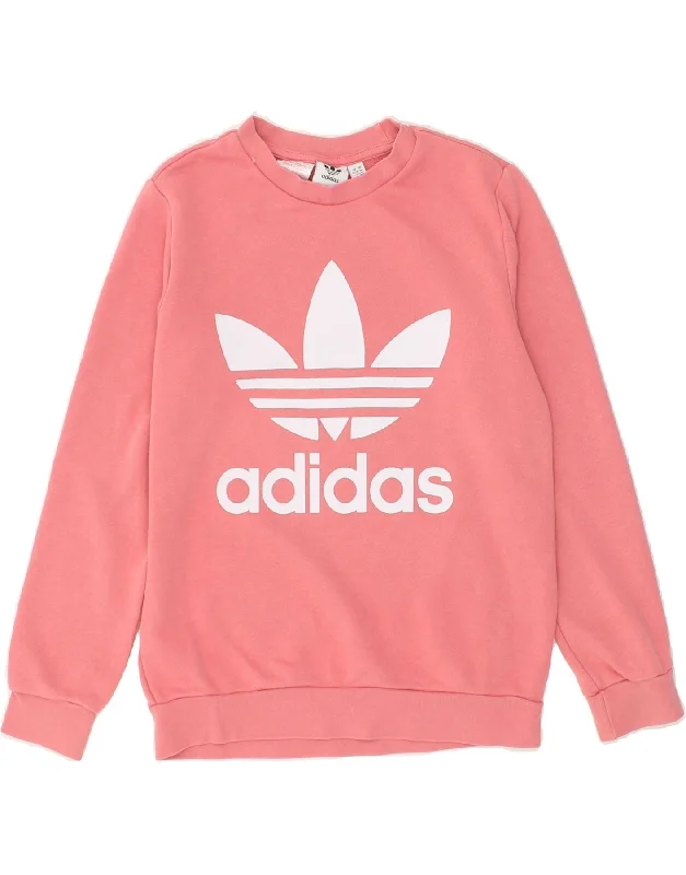 ADIDAS Girls Graphic Sweatshirt Jumper 11-12 Years Pink Cotton Hoodie with Hem Frayed Vintage Worn ADIDAS Girls Graphic Sweatshirt Jumper 11-12 Years Pink Cotton Hoodie with Hem Frayed Vintage Worn
