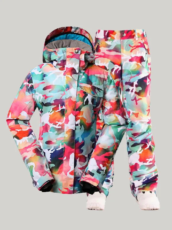 Gsou Snow Women's Ski Suits Camo Snowboard Jacket Pants Sets Faux Fur Fabric Real Fur Fabric Shearling Fabric