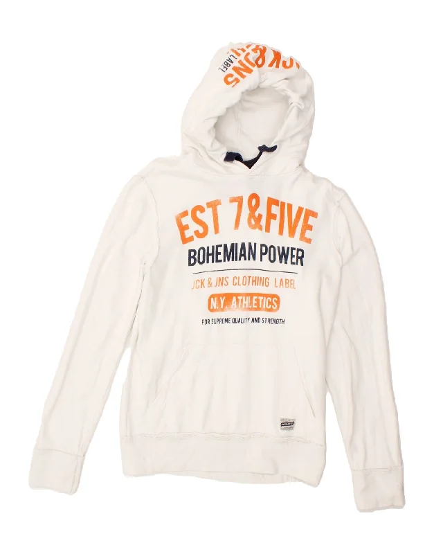 JACK & JONES Mens Graphic Hoodie Jumper Medium White Cotton Hoodie with Contrast Stitching Detailed Premium JACK & JONES Mens Graphic Hoodie Jumper Medium White Cotton Hoodie with Contrast Stitching Detailed Premium