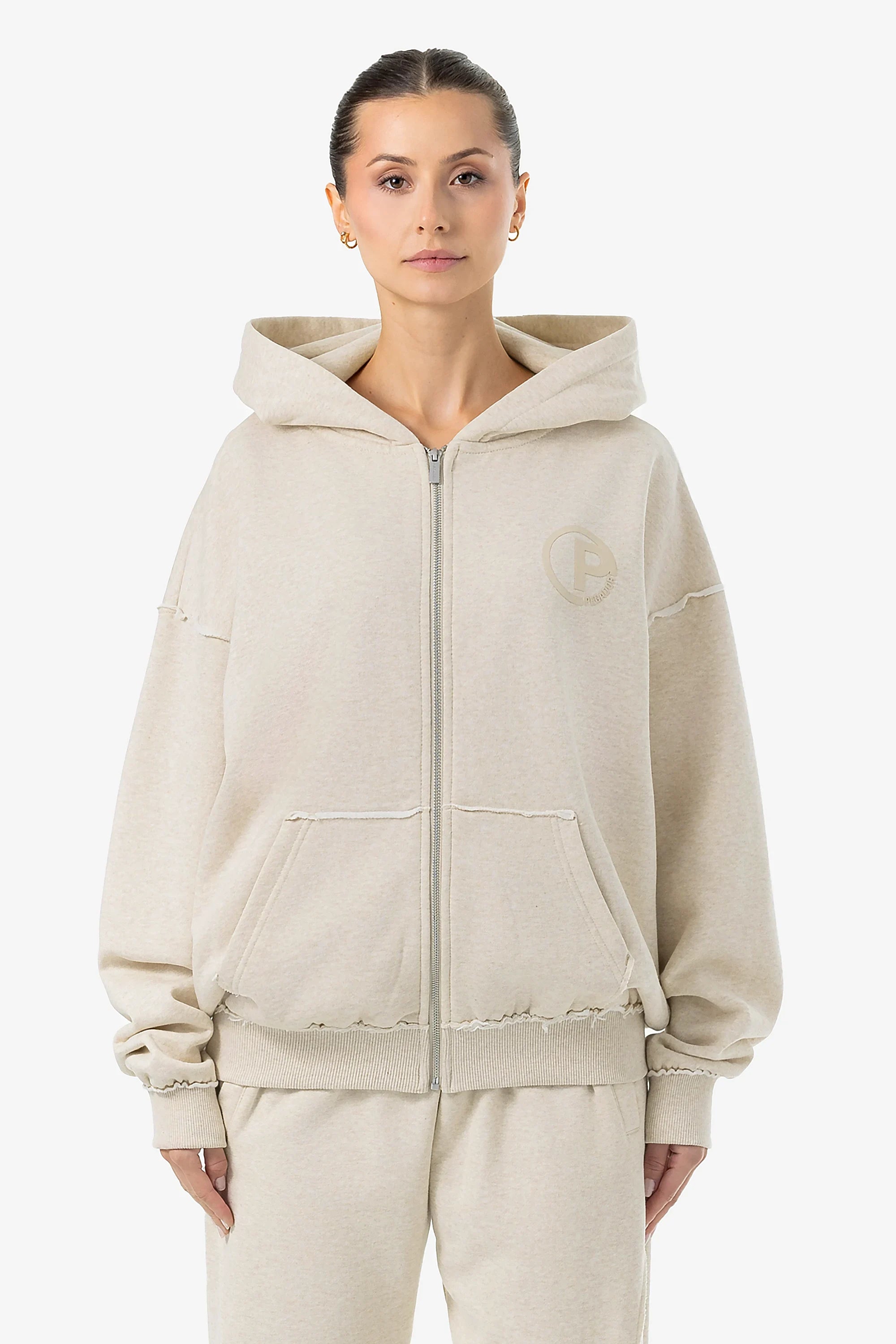 Johanna Oversized Sweat Jacket Light Beige Melange Fleece Fabric Down Fabric Feather Fabric Johanna Oversized Sweat Jacket Light Beige Melange Fleece Fabric Down Fabric Feather Fabric