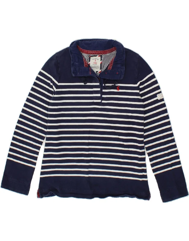 JOULES Womens Button Neck Sweatshirt Jumper UK 12 Medium Navy Blue Striped Hoodie with Hem Fringe Bohemian Relaxed JOULES Womens Button Neck Sweatshirt Jumper UK 12 Medium Navy Blue Striped Hoodie with Hem Fringe Bohemian Relaxed