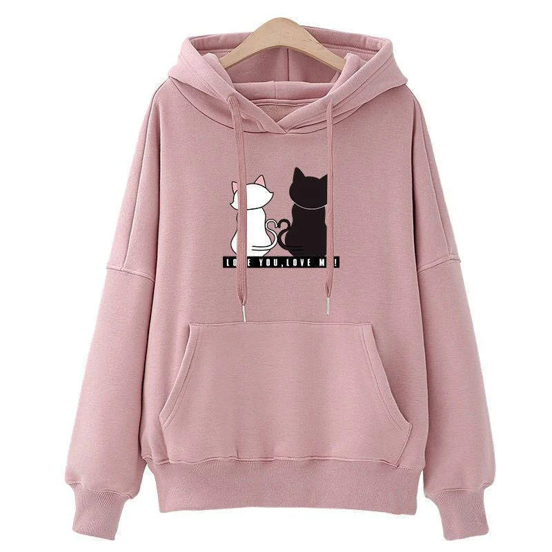 Kawaii Pink Cat Lover Pattern Hooded Sweatshirts Hoodie with Button Classic Timeless Kawaii Pink Cat Lover Pattern Hooded Sweatshirts Hoodie with Button Classic Timeless