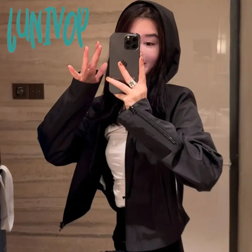 Lunivop Cropped Windbreaker Jacket Women Korean Fashion Streetwear Black Short Jacket Zipper Hooded Outwear Harajuku Aesthetic Zip Front Button Front Snap Front