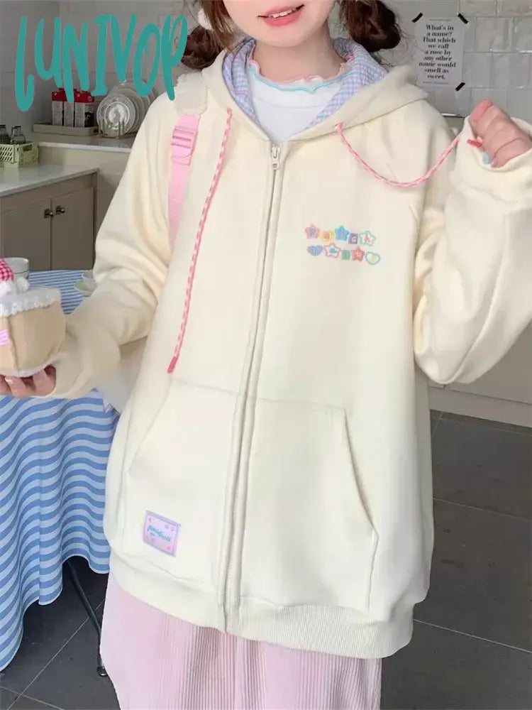 Lunivop Korean Cute Zip Up Hoodie Women Y2K Girly Kawaii Hooded Jacket Oversize Japanese Harajuku Sweet Embroidery Outerwear Welt Pockets Slit Pockets Flap Pockets