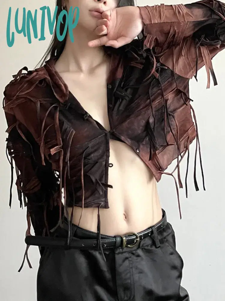 Lunivop Sexy Y2k Aesthetic Vintage Tie-dye Jacket Slim Fit Streetwear Harajuku Hooded Jackets Women Tassels Grunge Trendy Crop Tops Fitted Jacket Loose Jacket Oversized Jacket