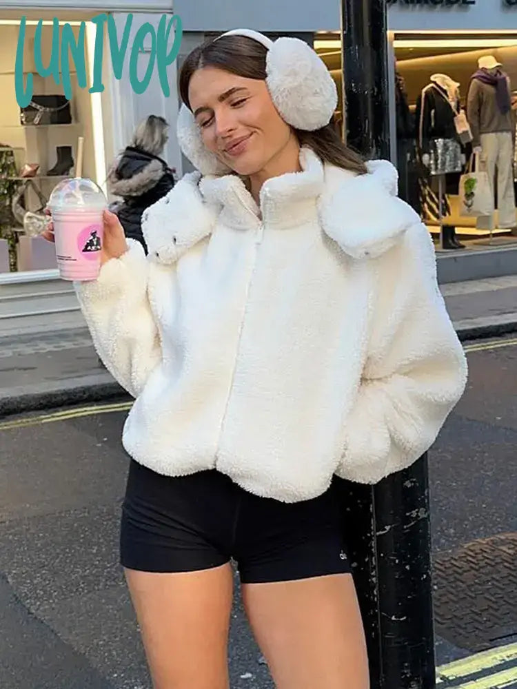 Lunivop Solid Stand Collar Plush Hooded Short Jacket Women Elegant Zipper Pockets Long Sleeve Coats 2023 Winter Warm High Streetwear Nylon Jacket Polyester Jacket Spandex Jacket