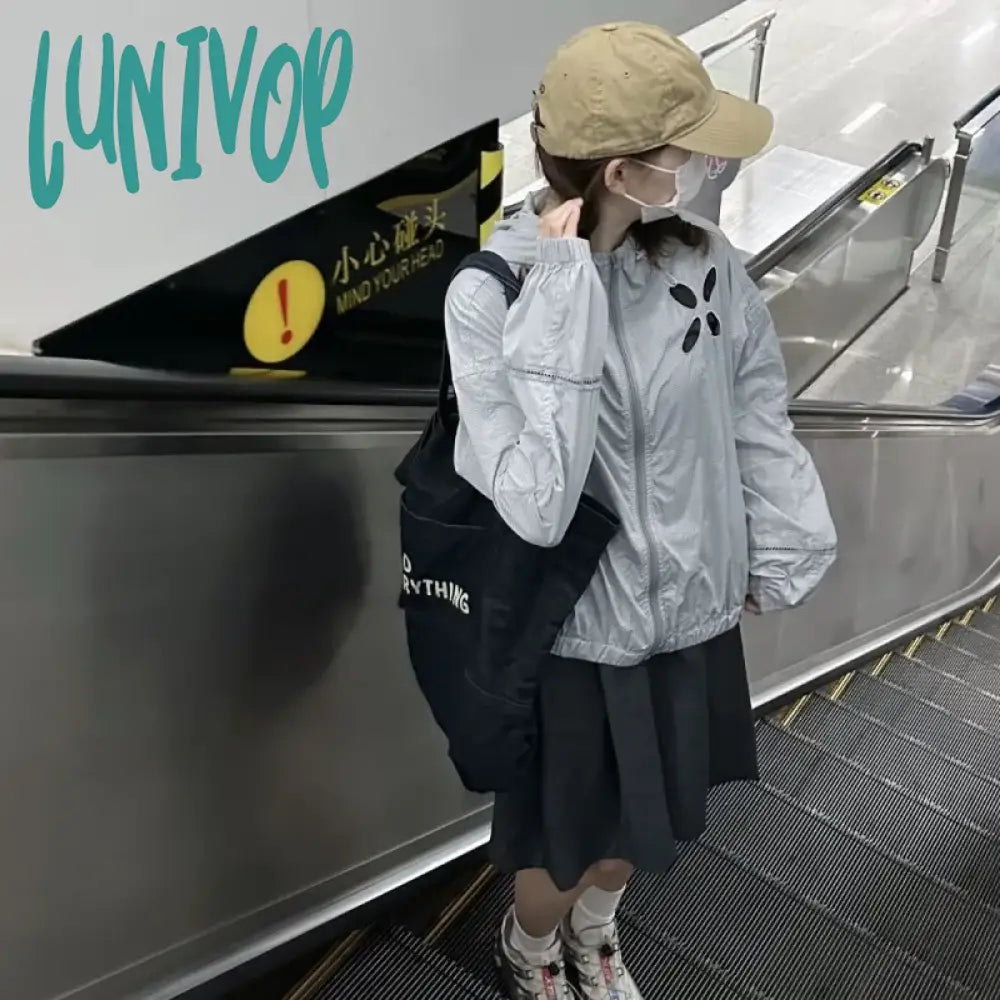 Lunivop Vintage Windbreakers Jacket Women Korean Fashion Summer Preppy Style Jackets Harajuku Hooded Coats Japanese 2000s Tops Front Pockets Side Pockets Patch Pockets