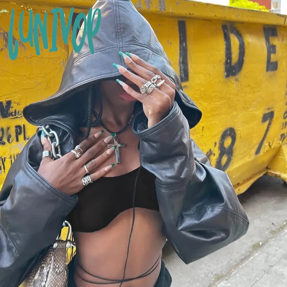 Lunivop Y2k Mall Gothic Streetwear Harajuku Hooded Short Women Aesthetic Emo Alternative Cyber Punk Streetwear Harajuku Pu Crop Jackets Tailored Jacket Straight Jacket A-Line Jacket