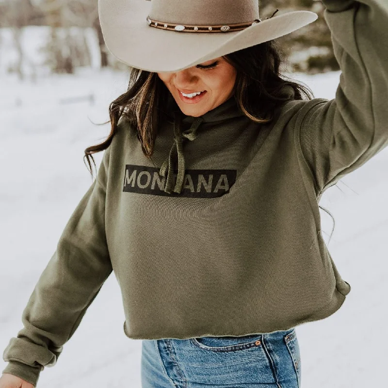 Montana Bar Ladies Cropped Hoodie - Olive Hoodie Crop Top Short Trendy
