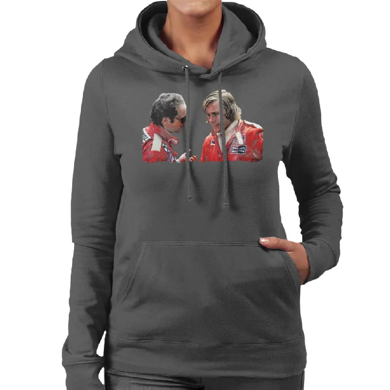 Motorsport Images Niki Lauda & James Hunt Monaco GP 1976 Women's Hooded Sweatshirt Hoodie with Sequins Glamorous Eye-catching Motorsport Images Niki Lauda & James Hunt Monaco GP 1976 Women's Hooded Sweatshirt Hoodie with Sequins Glamorous Eye-catching