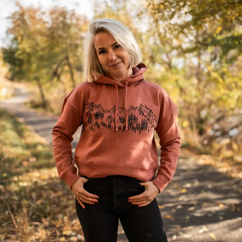 Mountain Sketch Ladies Crop Hoodie - Desert Rose Hoodie with Hem Raw Edge Edgy Unfinished Mountain Sketch Ladies Crop Hoodie - Desert Rose Hoodie with Hem Raw Edge Edgy Unfinished