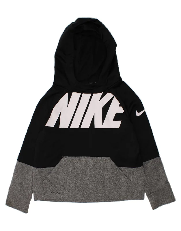 NIKE Boys Dri Fit Graphic Hoodie Jumper 8-9 Years Small Black Colourblock