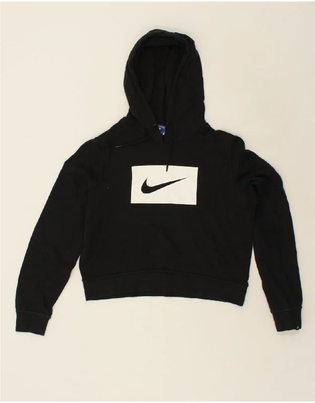 NIKE Womens Crop Graphic Hoodie Jumper UK 16 Large Black Cotton