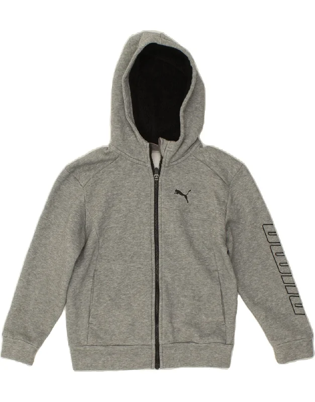 PUMA Boys Graphic Zip Hoodie Sweater 9-10 Years Grey Cotton