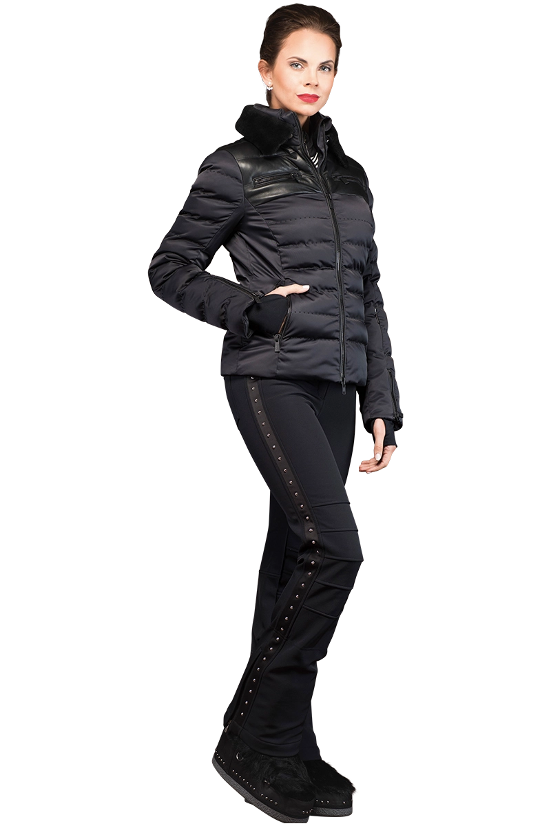 Rhea Ski Jacket with Leather Panels and Lamb Collar Zippered Front Buttoned Front Snap Front