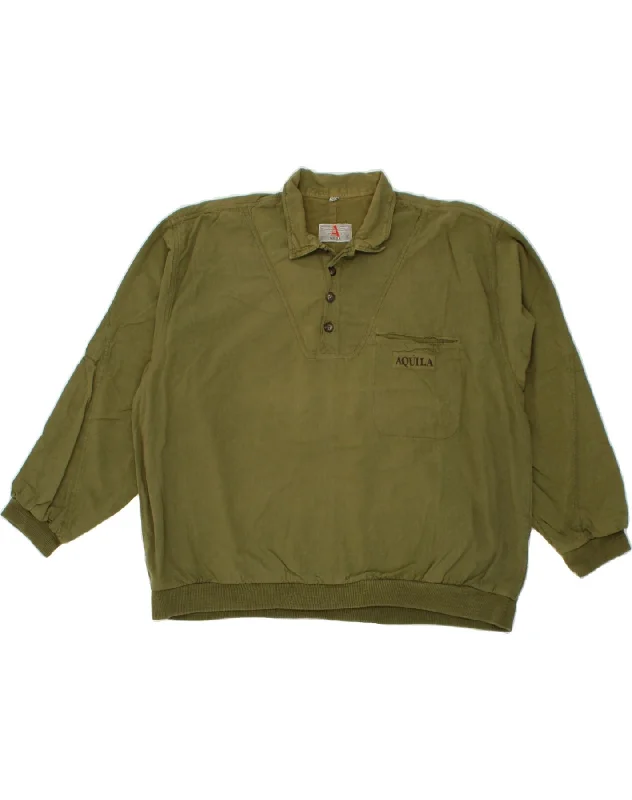 VINTAGE Mens Polo Neck Sweatshirt Jumper XL Khaki Cotton Hoodie with Velcro Closure Adjustable Secure VINTAGE Mens Polo Neck Sweatshirt Jumper XL Khaki Cotton Hoodie with Velcro Closure Adjustable Secure