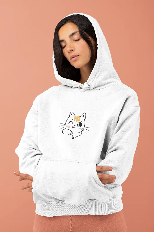 Women White Hoodie Cat Lover Hoodie with Side Slits Relaxed Casual