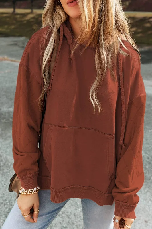 Women's Quilted Patchwork Exposed Seam Hoodie - Rust Hoodie with Batwing Sleeves Loose Dramatic Women's Quilted Patchwork Exposed Seam Hoodie - Rust Hoodie with Batwing Sleeves Loose Dramatic